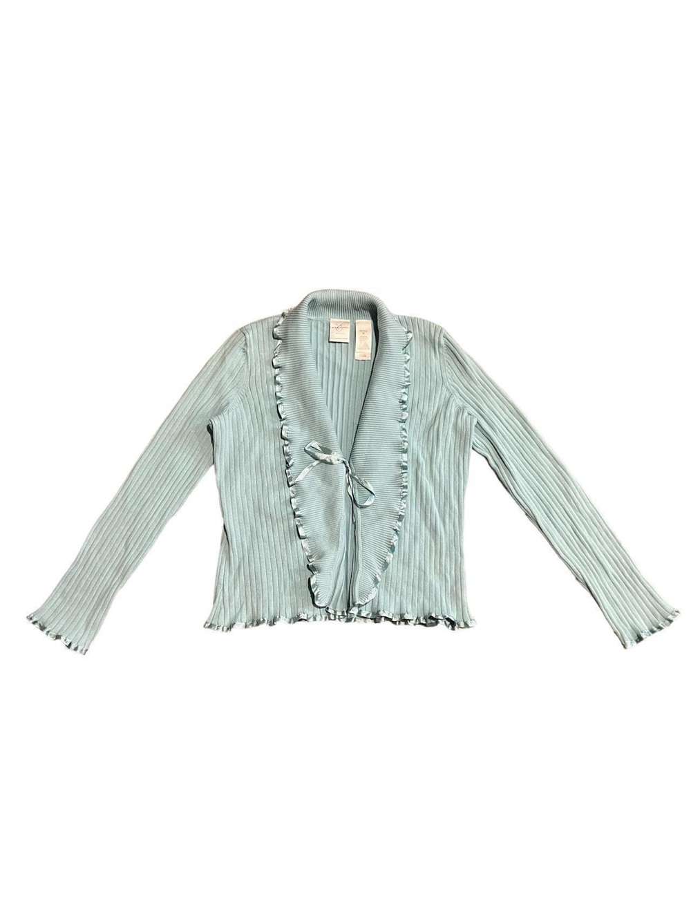 Y2K Emma James Women Lettuce Satin Hem Blue Tie Front Cardigan Sweater Size MP